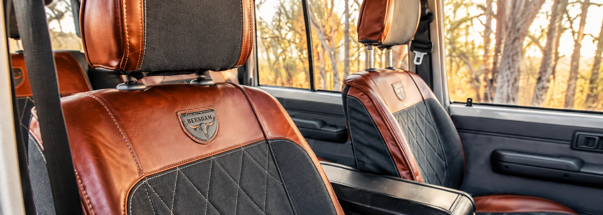 Beesdam seat covers fitted to the two front seats of a vehicle